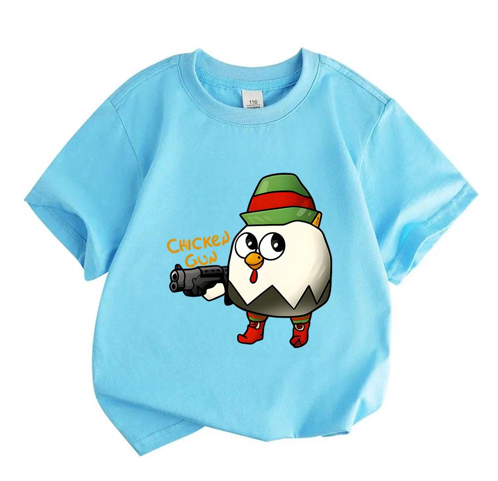 Kids Boys Girls 100% Cotton Crew Neck Short Sleeve T-Shirt, Cute Chicken with Gun Elf Pattern Casual Soft Breathable Summer Tee for Children Daily Wea