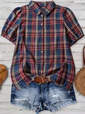 2025 Summer Plaid Lapel Puff Sleeve Casual Shirt (Short Sleeve, Loose Fit)