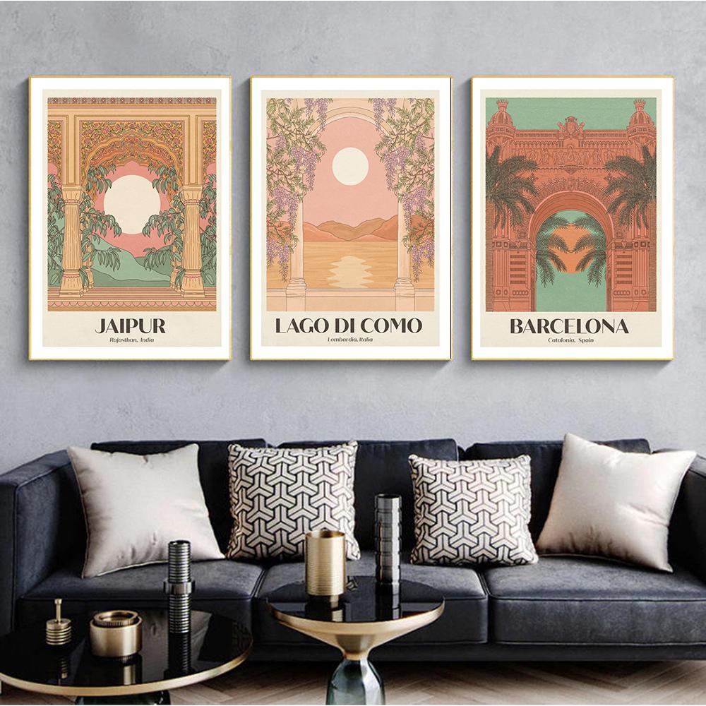 Plakat z krajobrazem miasta nordyckiego, wydruk artystyczny na płótnie, obraz Marrakesz Paryż Barcelona, obraz ścienny Lago Di Como do wystroju domu