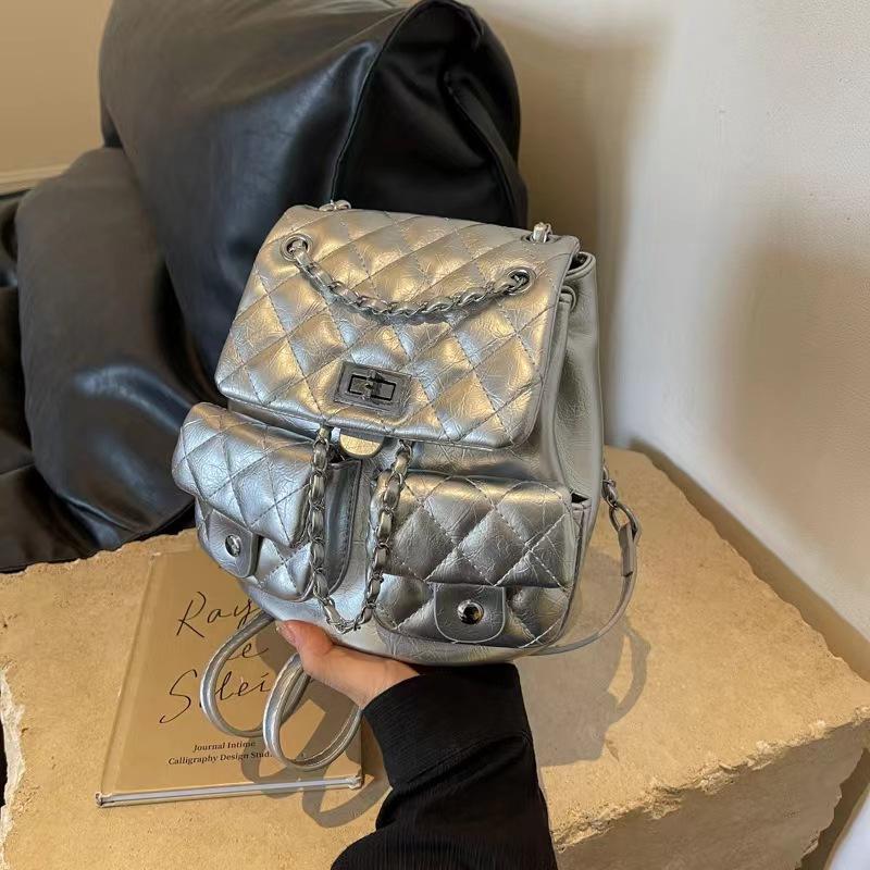 

Рюкзак женский ромбовидный из вышитой нити, новый летний популярный модный маленький рюкзак с цепочкой, модная дорожная сумка серебряный