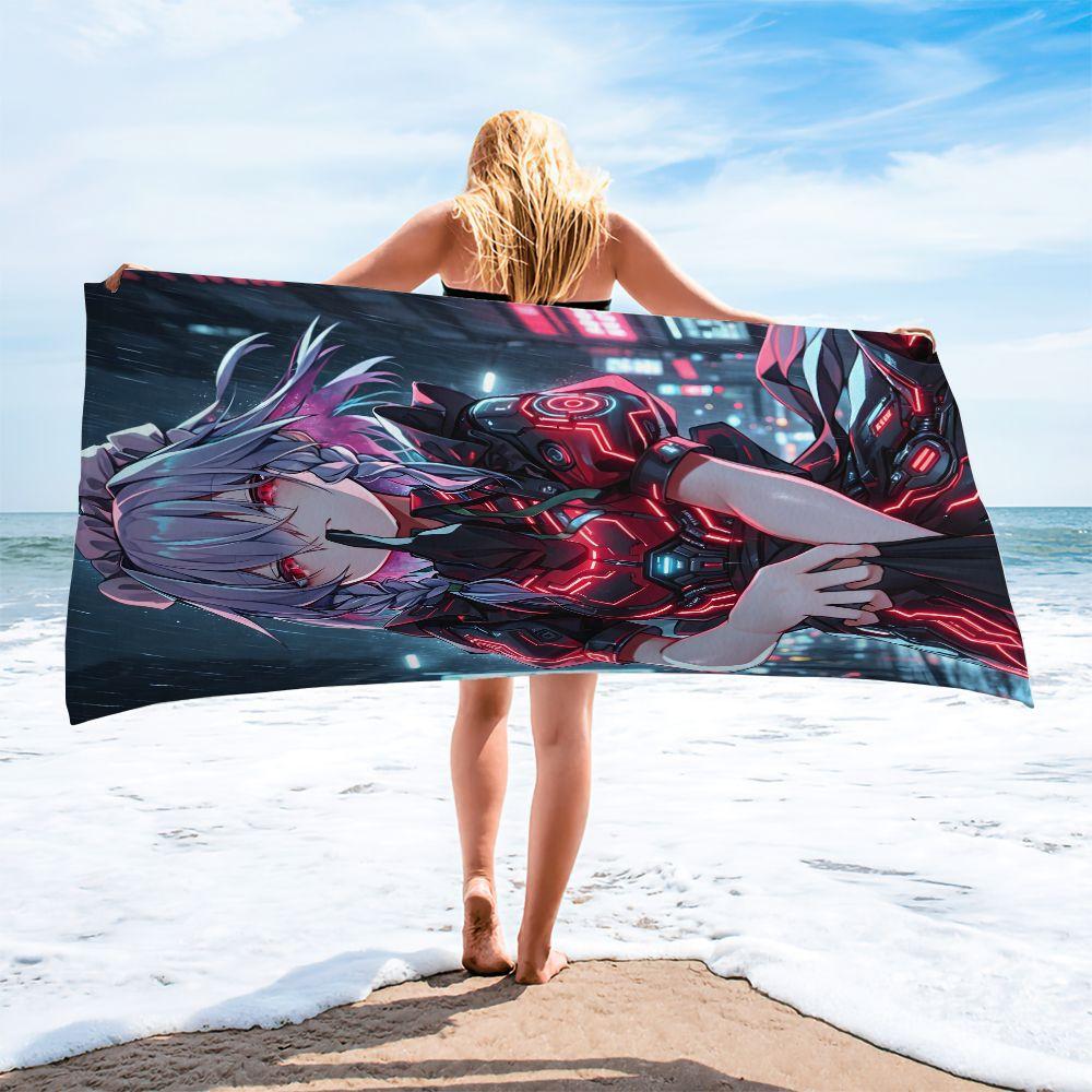 Hatsune Miku Cyberpunk Neon Rain Print Microfiber Beach Towel Quick Dry For Pool Outdoor Travel Bath Gift