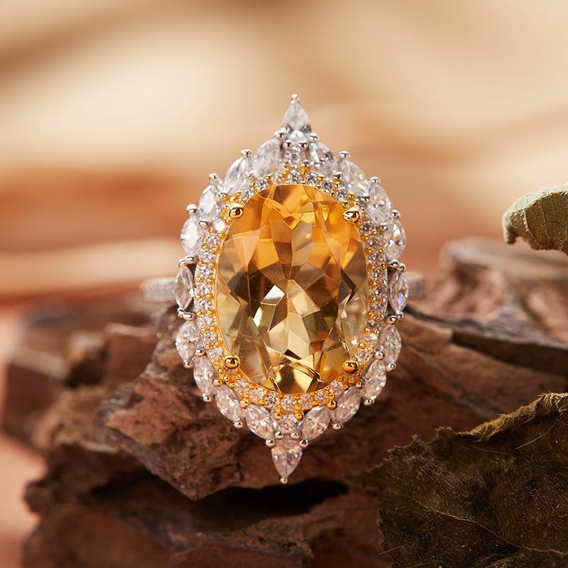 S925 Sterling Silver Plated 18K Gold Natural Color Treasure Large Carat Ring Light Luxury Premium Index Finger Ring Energy Jewelry
