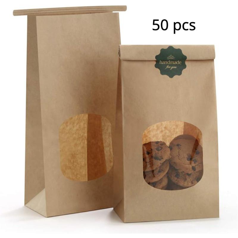 50pcs Kraft Paper Bakery Bags With Window Tin Tie Lock Perfect For Cookies & Coffee High-Quality Kitchen & Restaurant Supplies