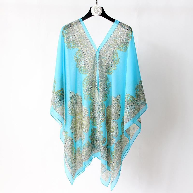 Beach Sun Protection Shawl Women Clothes Summer Beach Bikini Cover Up Loose Chiffon Blouse Shawl Scarf With Buttons