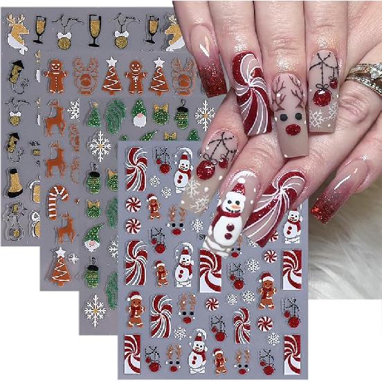4 Sheets Christmas Nail Stickers for Nail Art 3D Self-Adhesive White Snowflake Nail Art Stickers Winter Xmas Tree Elk Design French Tip Nail Decals