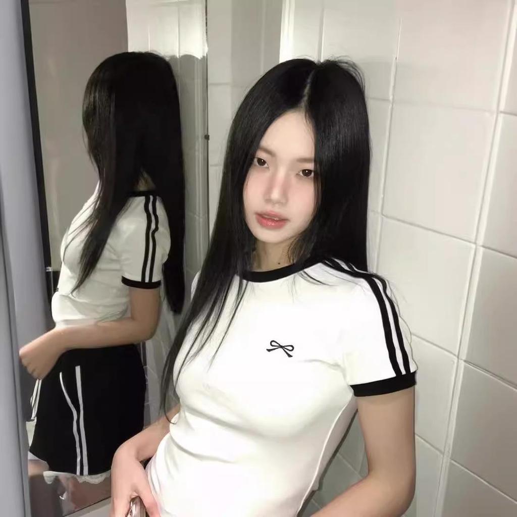 Women's Summer Slim Fit Striped T-Shirt with Bow and Embroidery