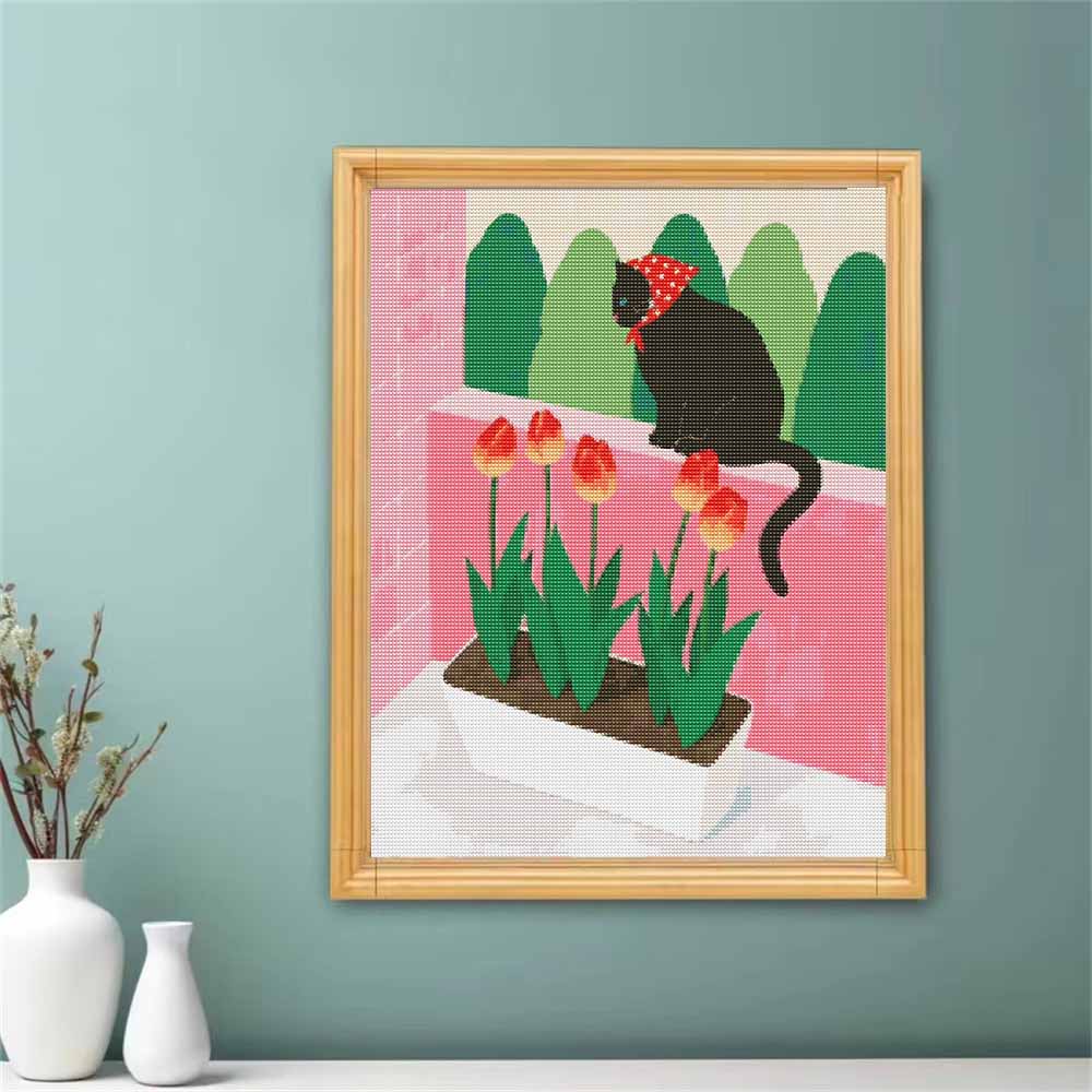 DIY 5D Diamond Art Kit Black Cat With Scarf And Tulips Pattern Full Drill Canvas Creative Craft for Living Room Wall Decor