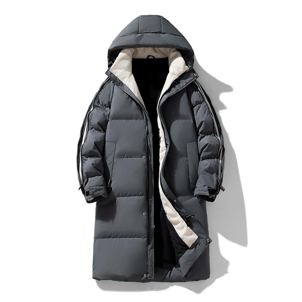 Down jacket men's medium and long, white duck down hooded couple's coat tide
