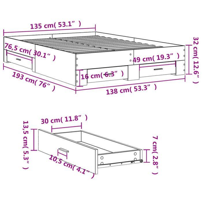 VidaXL Bed Frames with Drawers, Slat Base, Adult Bed, Double Bed for Bedroom Interior, Smoked Oak 135x190 3280409