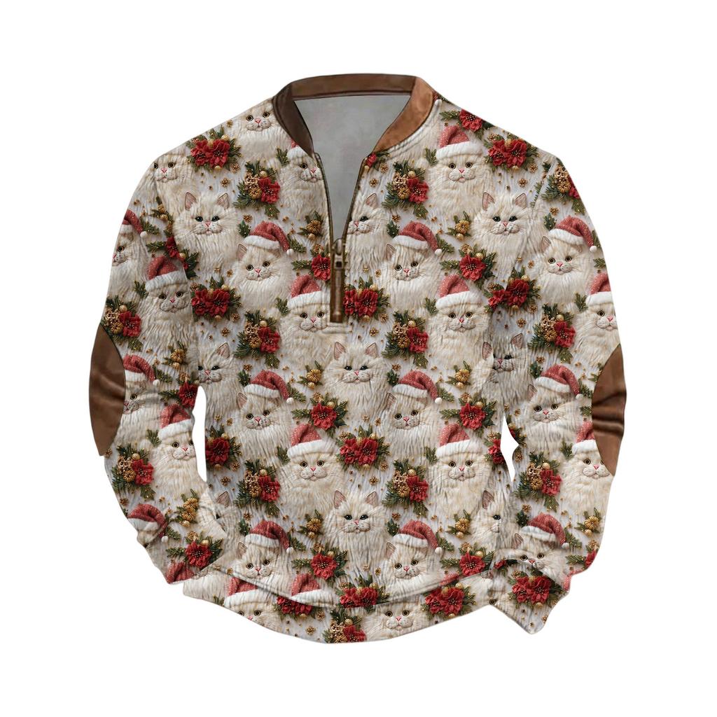 Men's Casual Christmas-printed Semi-zipper Retro Long-sleeved Sweatshirt