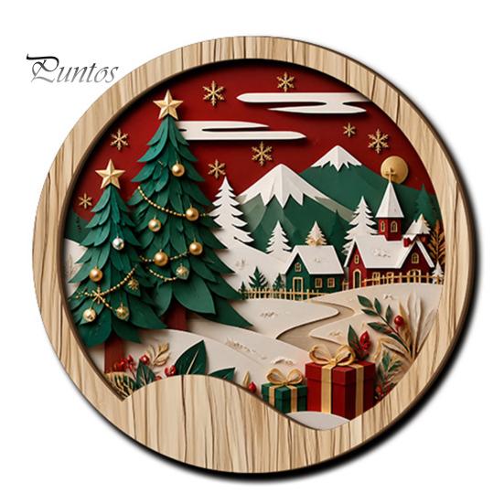 Living Room Wall Ornament Round Wooden Winter Mountain Art with 3D Layered Snow Scenery for Holiday Nature Inspired Home Decor Decor, Rustic Christmas