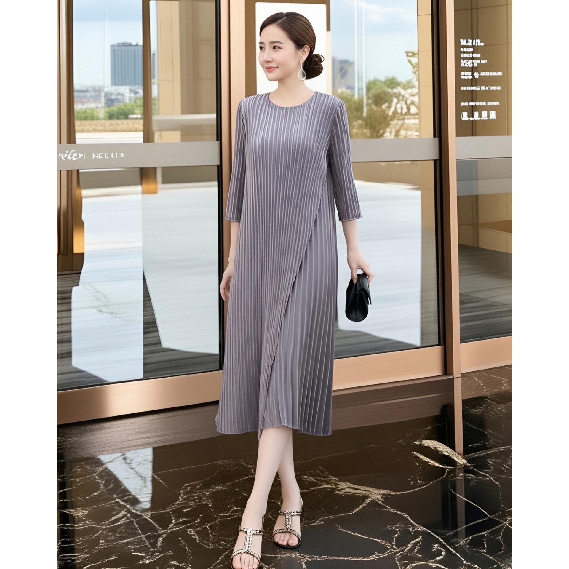 Stylish Spring 2026 Women s Grey Pleated Midi Skirt One Size