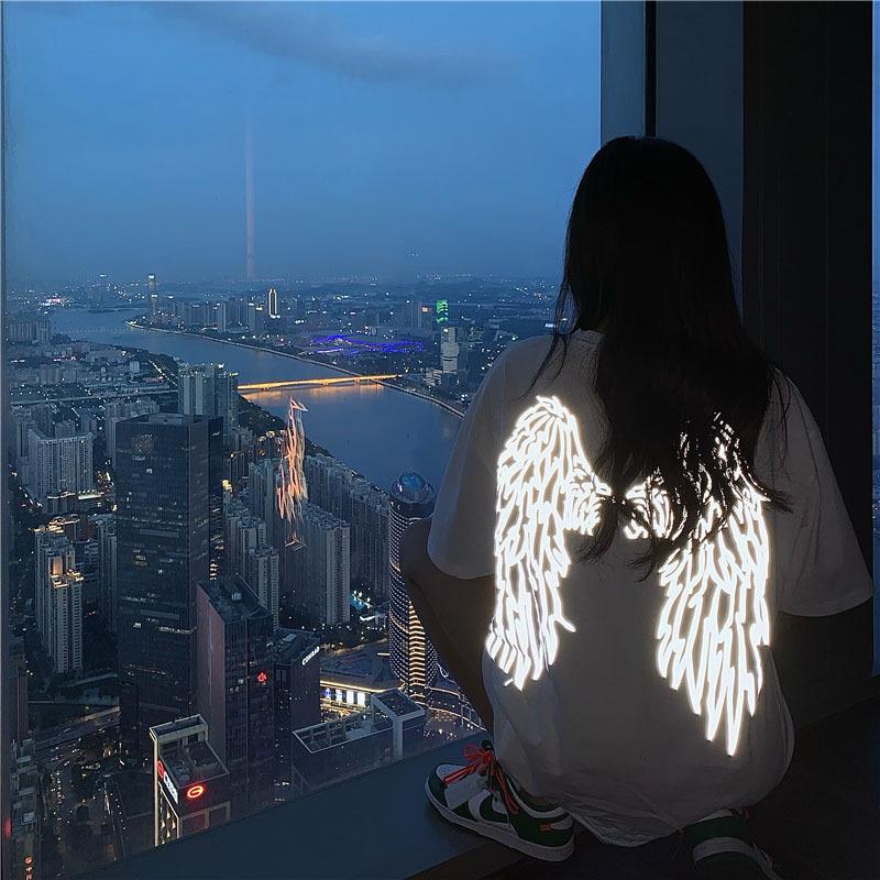 Summer New Fashion Women's Short Sleeve Reflective Wings Dark Trend T-shirt for Men and Women Lovers