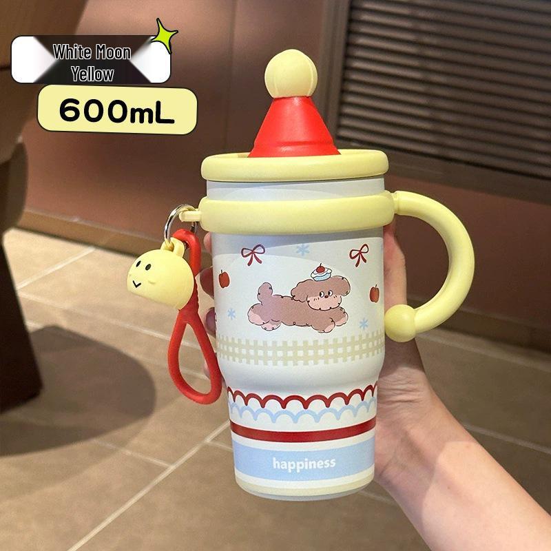 High-Value Ins Office Water Cup: Cute Cartoon Thermos Tumbler with Straw, Large Capacity, Dual-Drink Design 600ml
