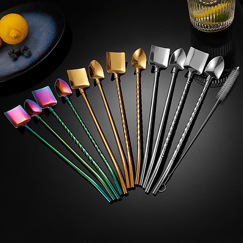 2In1Drinking Straws Spoon Creative Stainless Steel Reusable Drinking Straw