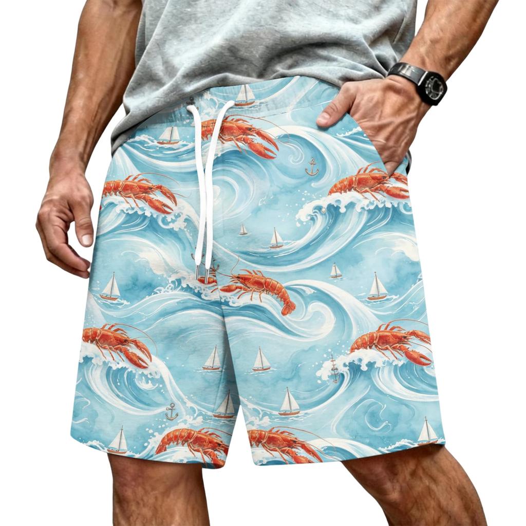 Men's Hawaiian Print Mesh Shorts with Drawstring Elastic Waist for Summer Beach and Casual Wear