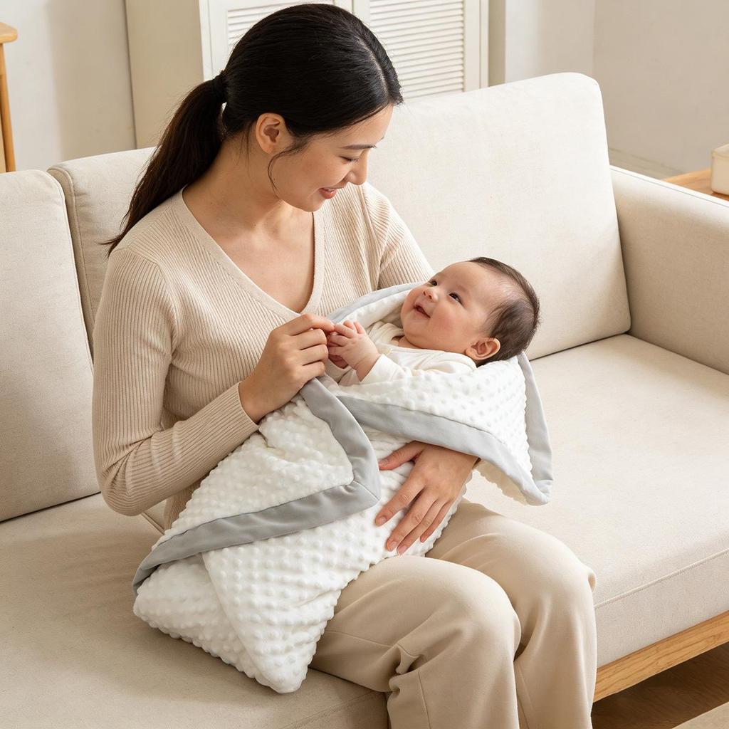 Newborn Mung Bean Velvet Soothing Baby Swaddle Blanket with Double Layer Edging and Bubble Press Design