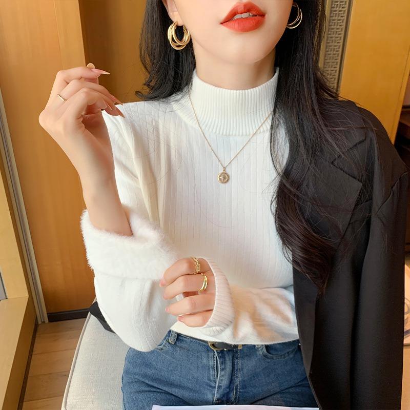 Pit Strip Semi-turtleneck Integrated Imitation Mink Velvet Bottoming Shirt Top Women's Autumn and Winter Slim-fitting Inner with Warm Knitted Sweater