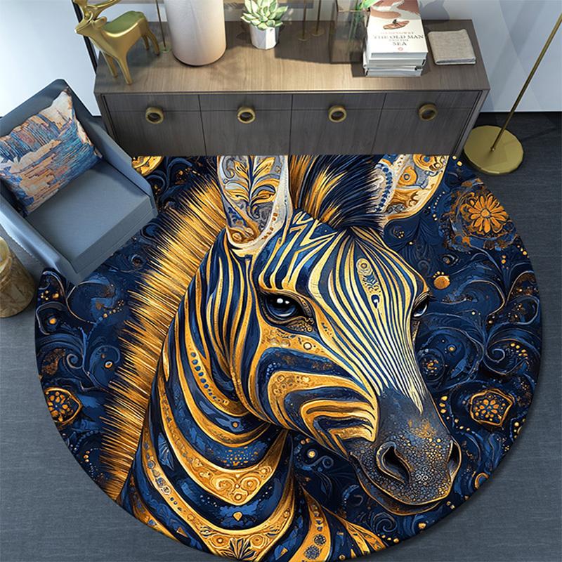 Golden Zebra Round Area Rug,Carpet Rug for Living Room Bedroom Sofa Playroom Decor,Non-slip Floor Mat