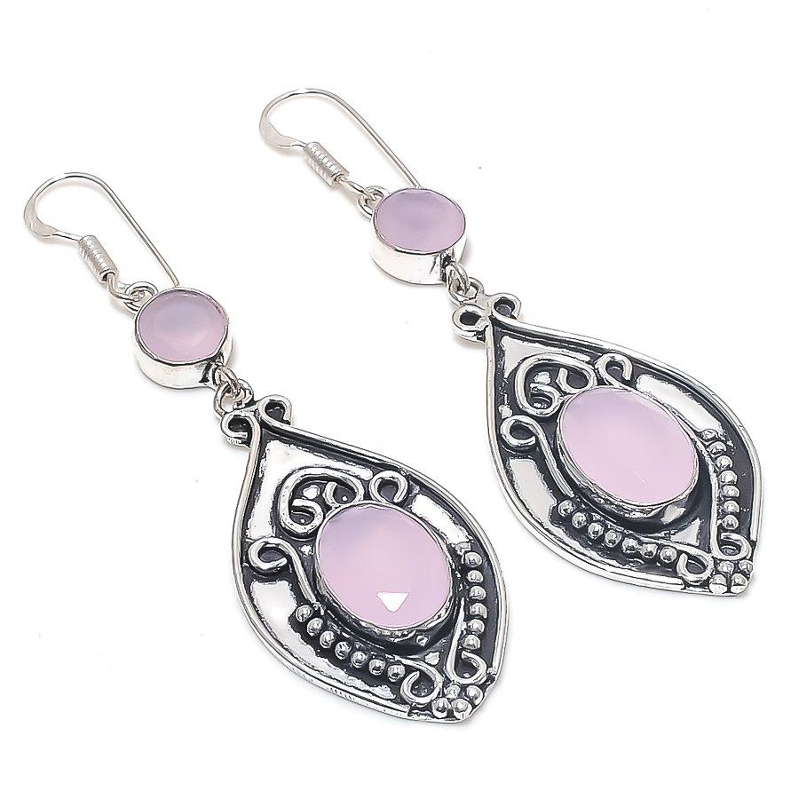 

Natural Pink Chalcedony Gemstone Handmade 925 Sterling Silver Earring 2.76 n4w57