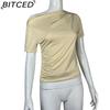 BITCED Spring/Summer Women's Slim-Fit Pleated Asymmetric Hem Short-Sleeved T-Shirt Top