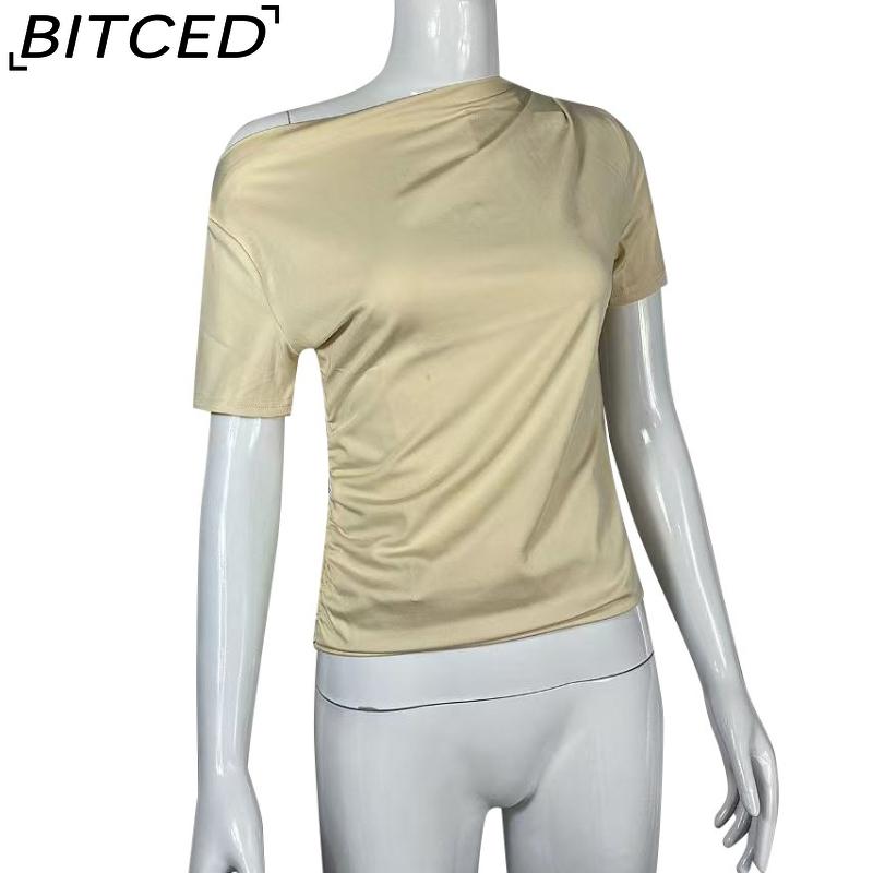 BITCED Spring/Summer Women's Slim-Fit Pleated Asymmetric Hem Short-Sleeved T-Shirt Top