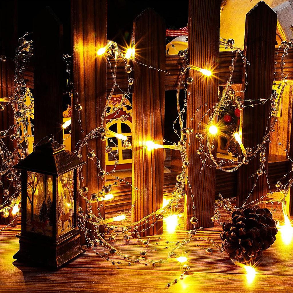 10 Feet 30 LED Christmas String Light Metal Berry Beaded Garland Indoor For Fireplace Mantel Indoor Xmas Tree Christmas Decorations(Gold)
