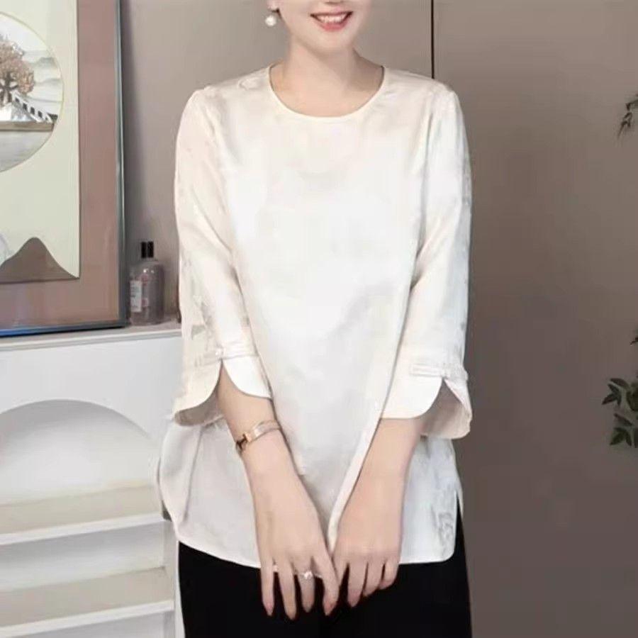 

Spring Retro Embroidery Jacquard Mid-Sleeve Top: Chinese Style Artistic Plus Size Round Neck 5XL