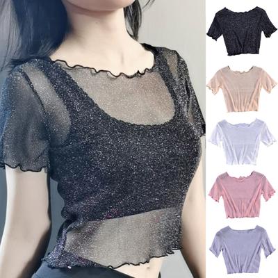Krátký rukáv s výstřihem do O s průhledným střihem Crop Top Dámské Průhledné třpytivé tričko se síťovinou Streetwear