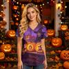 Women V Neck Short Sleeve Work Top with Pockets Halloween Themed Printed Scrub Shirt Comfortable Fit Uniform