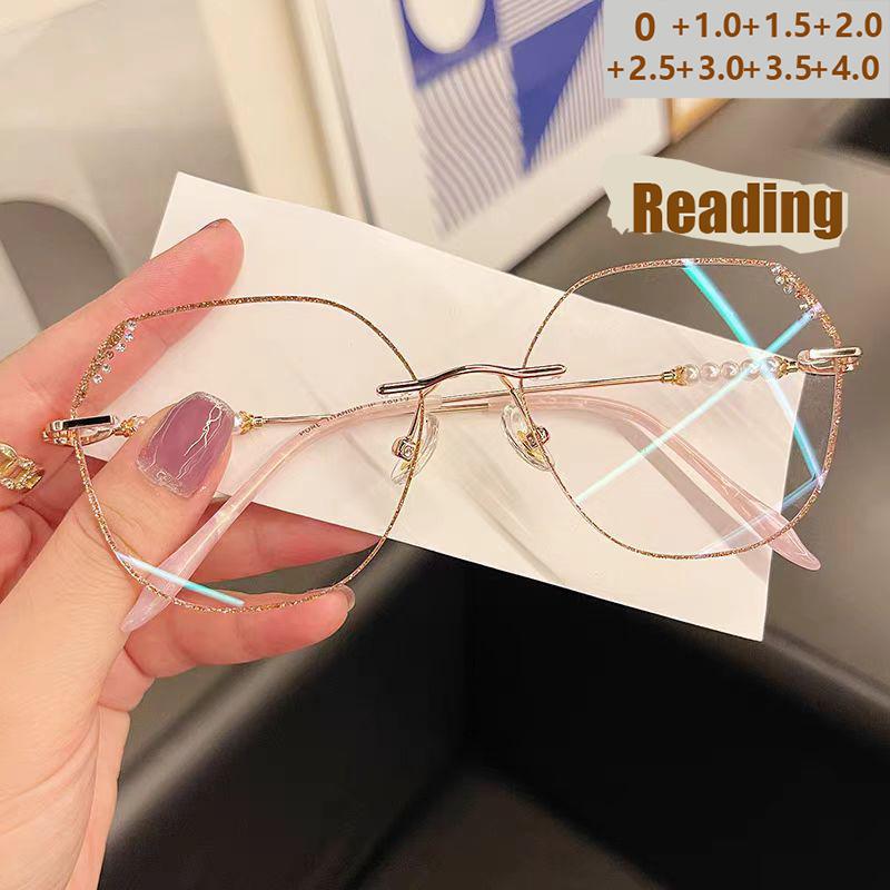 Fashion Diamond Edge Cut Frameless Reading Glasses Pearl Large Frame HD Blue Light Blocking Glasses JH238
