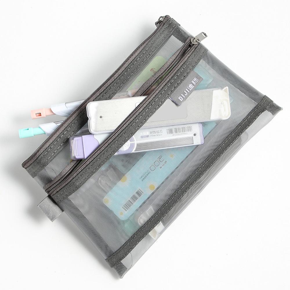 Transparent Nylon Mesh Pencil Bag Large Pencil Case Double-layer Stationery Bag Minimalist Student Exam Storage Bag Makeup Pouch