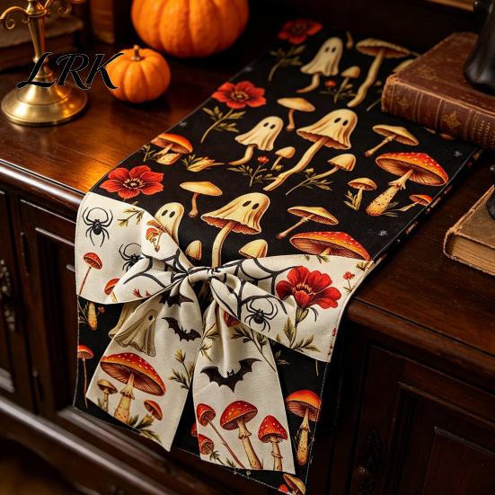 Entrance Cabinet Table Runner Halloween with Bow, Ghost Mushroom Pumpkin Skeleton Print Runner, 13 Party Supplies x 70 Inch Spooky Kitchen Dining