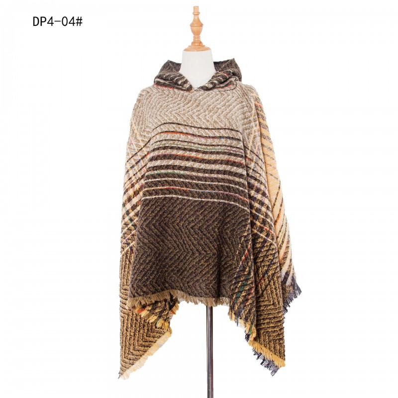 Womens Gradient Herringbone Circle Yarn Hooded Poncho Sweater Shawl Winter Fall Streetwear