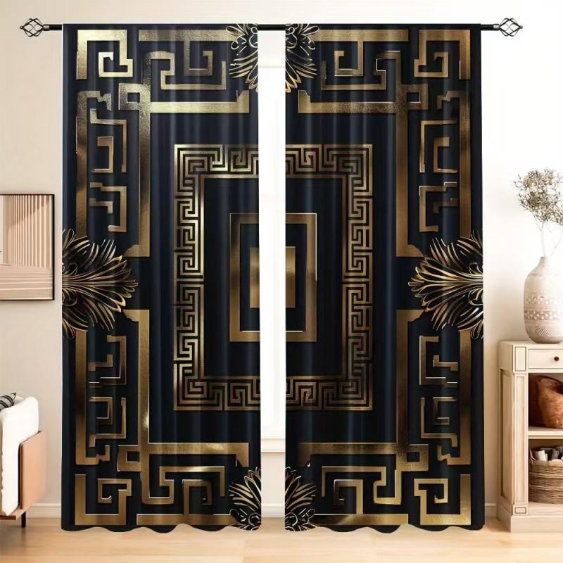 Set Of 2 Gold Patterned Black Background Polyester Curtains Curtain