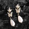 ZAKOL Classic Imitation Pearl Leaf Shaped Women's Dangle Earrings Inlaid Zircon Elegant Simple Bridal Wedding Jewelry Female