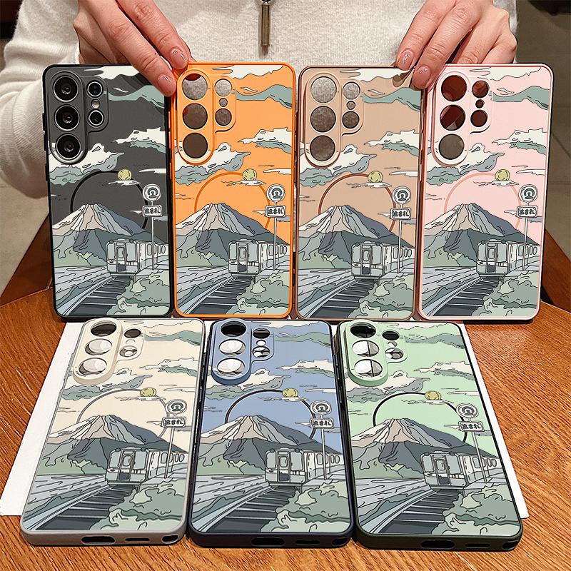 Magnetic For Magsafe Case For Samsung Galaxy S26 Ultra S25 Edge S24 Plus S23 FE S22 A54 A55 A56 5G Anime Landscape Train Pattern Matte Cover