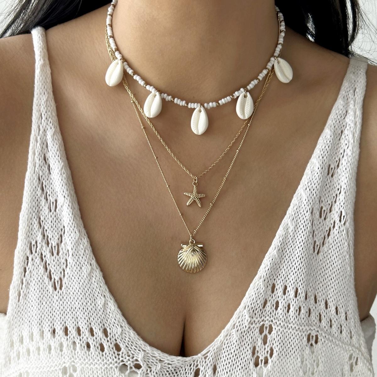 

Multilayer Imitation Pearl Rice Bead Starfish Resin Turtle Shell Necklace For Women Men Ocean Beach Fishtail Choker Boho Zircon