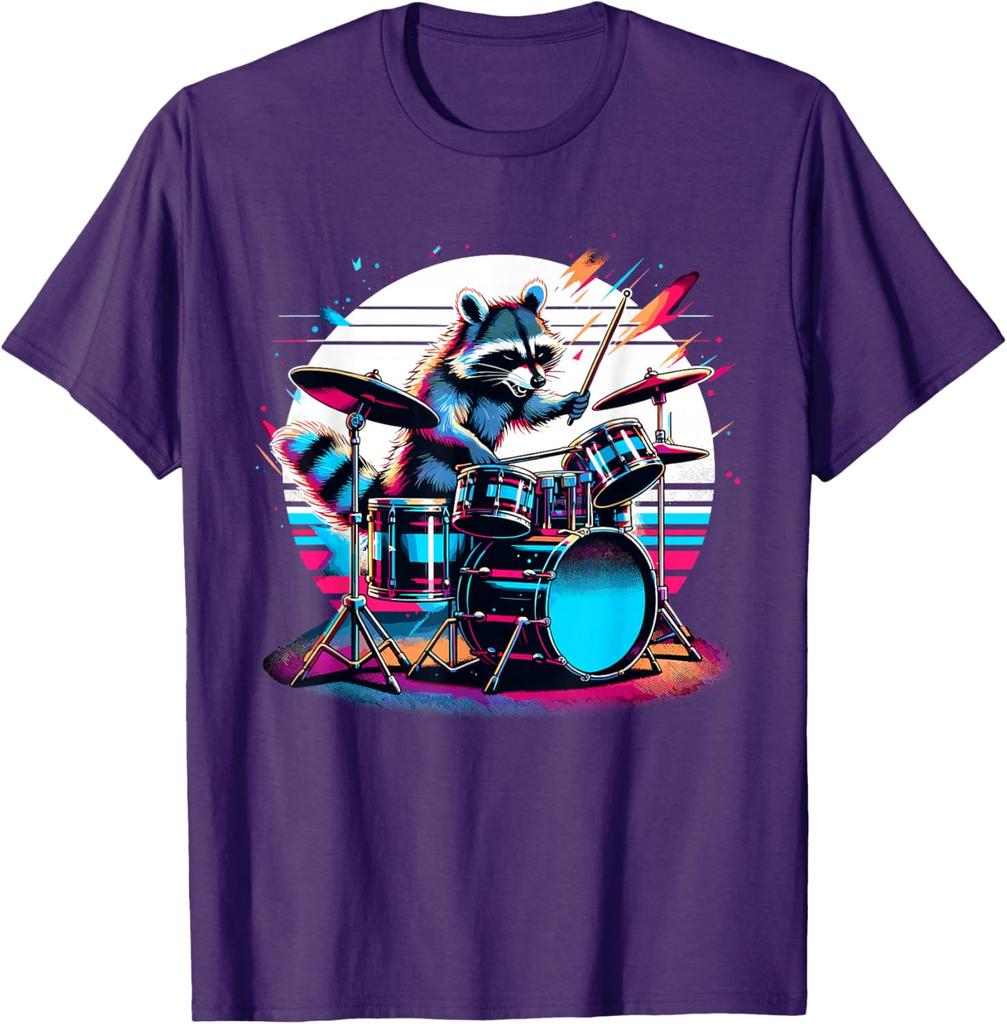 Raccoon Drummer Musician Retro Graphic TShirt Breathable Casual Cotton Tee