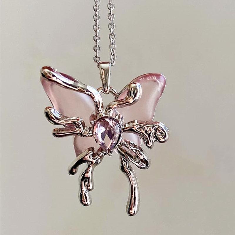 

Popular Water Resistant Stainless Steel Pink Crystal Zircon Butterfly Pendant Necklace For Women Charms Aesthetic Zircon Gift