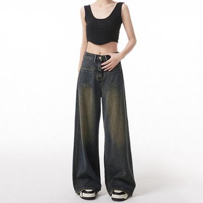 Jarní a podzimní nový design s vysokým pasem, široké nohavice, volné, úzké a vysoké hip hopové džíny s moppingovým vzorem