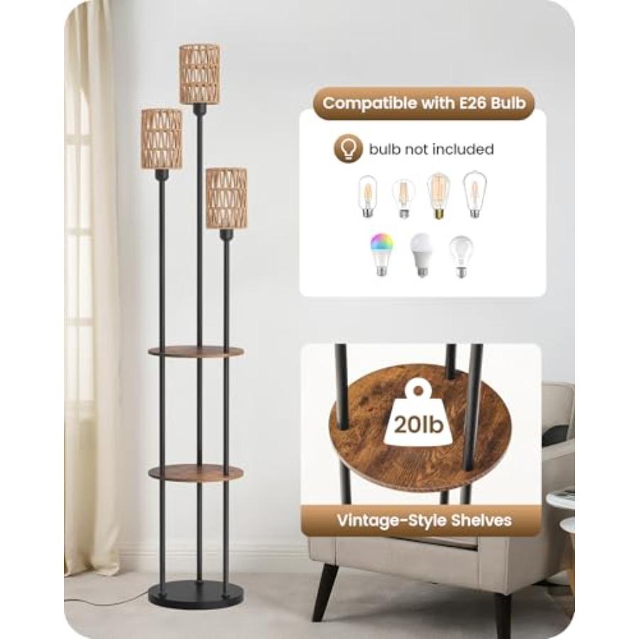 Boho Floor Lamp with Shelves and Foot Switch 3-Light Standing Lamp in Rustic Brown and Yellow for Living Room Bedroom Study