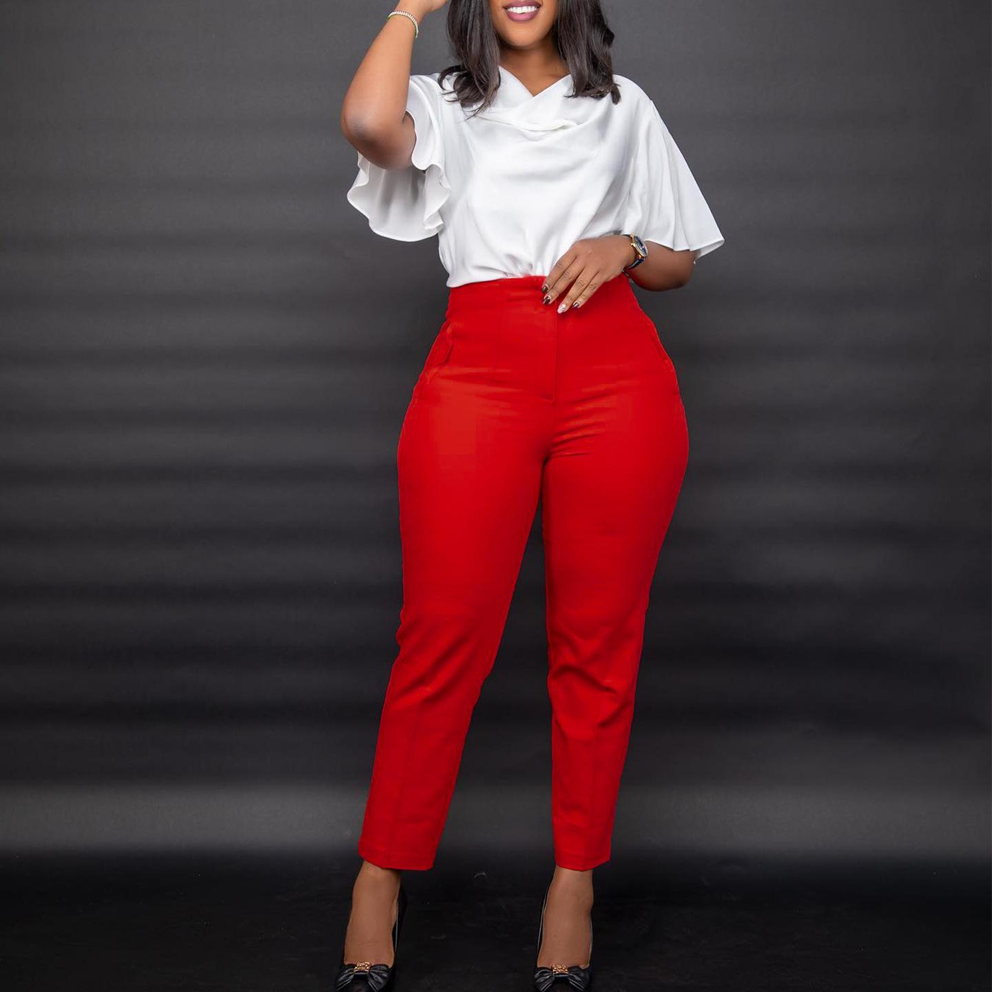 

Женские брюки с высокой талией, узкие укороченные брюки, повседневные однотонные брюки для карьеры, повседневные брюки больших размеров 3XL красный