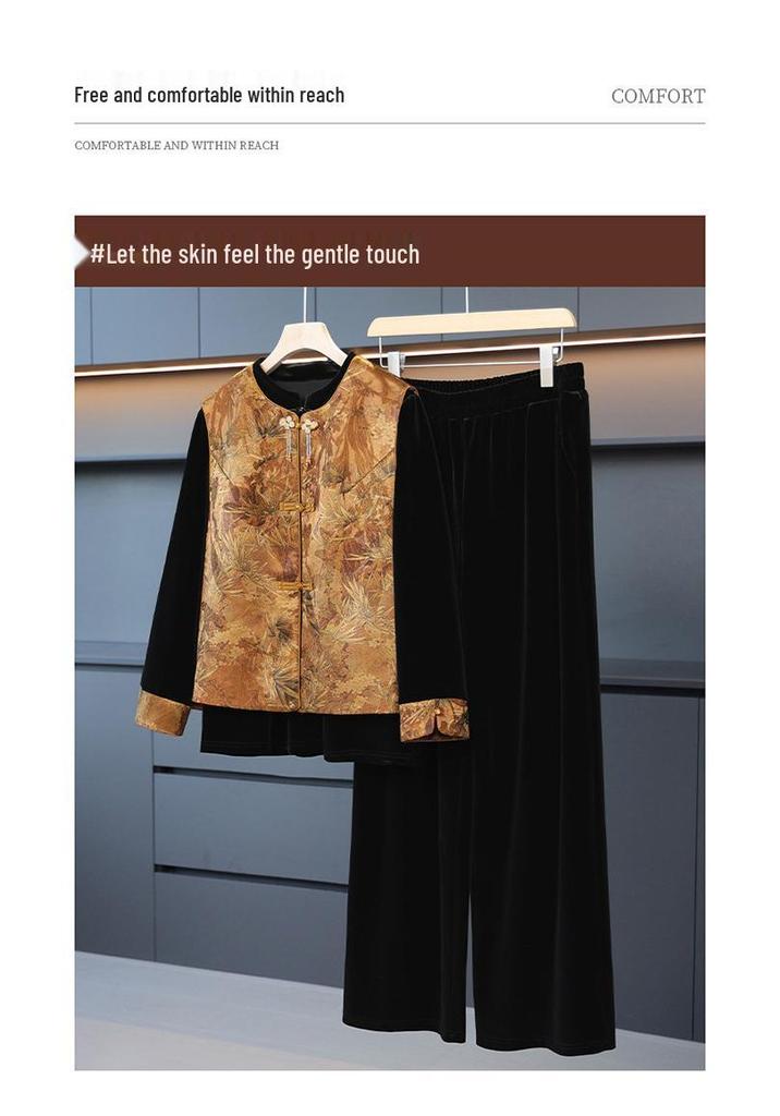 Elegant Spring Velvet Three-Piece Set: Floral Vest & Suit for Middle-Aged Women