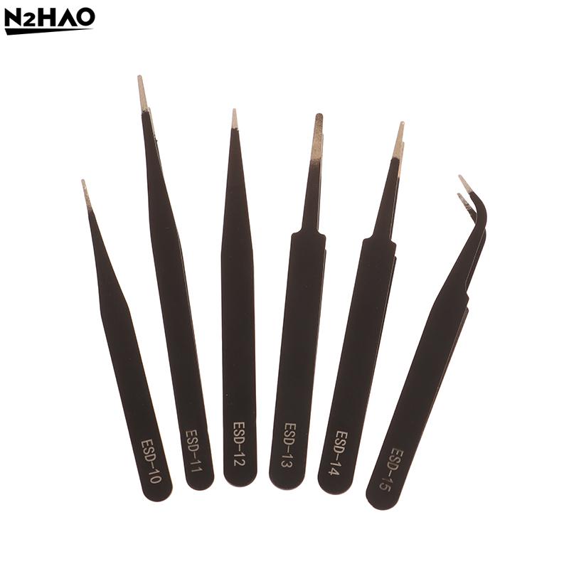 Precision ESD Anti-static Tweezers Set -6-pc Durable Stainless Steel Tool For Electronic Repair And Process Modeling, Bending&St