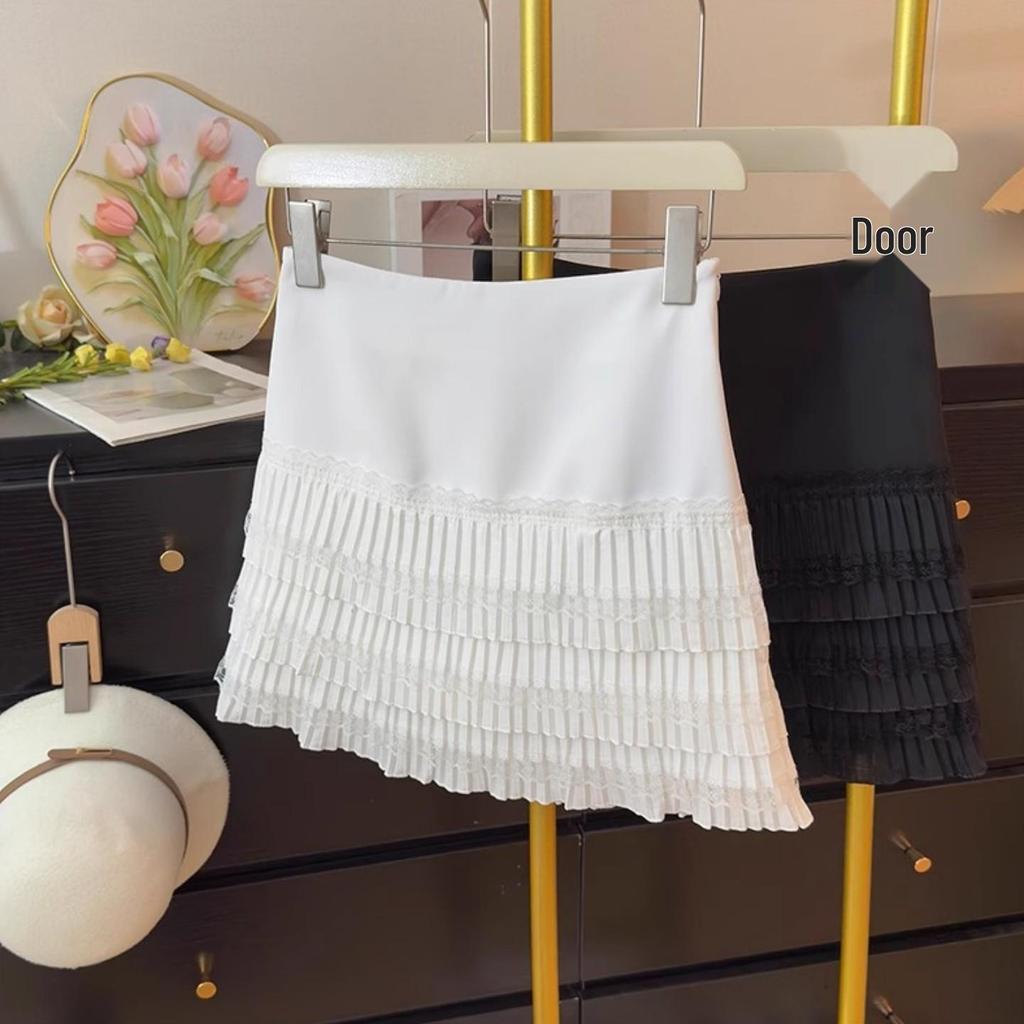 Autumn Lace Trim High Waist A-Line Pleated Skirt for Women, Plus Size, Anti-Exposure