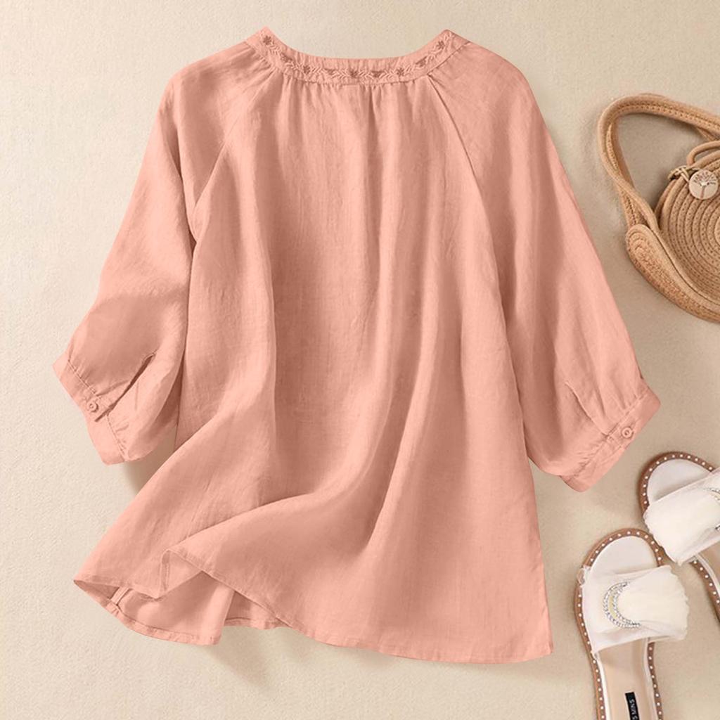 Women's Solid Color Three Quarter Sleeve Cotton And Linen Embroidered Retro Half Open Collar Top