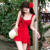 American Sweet Babes Pure Desire Red Dress Women Spring Summer Small Sexy Vacation Wind Suspender Cake Skirt