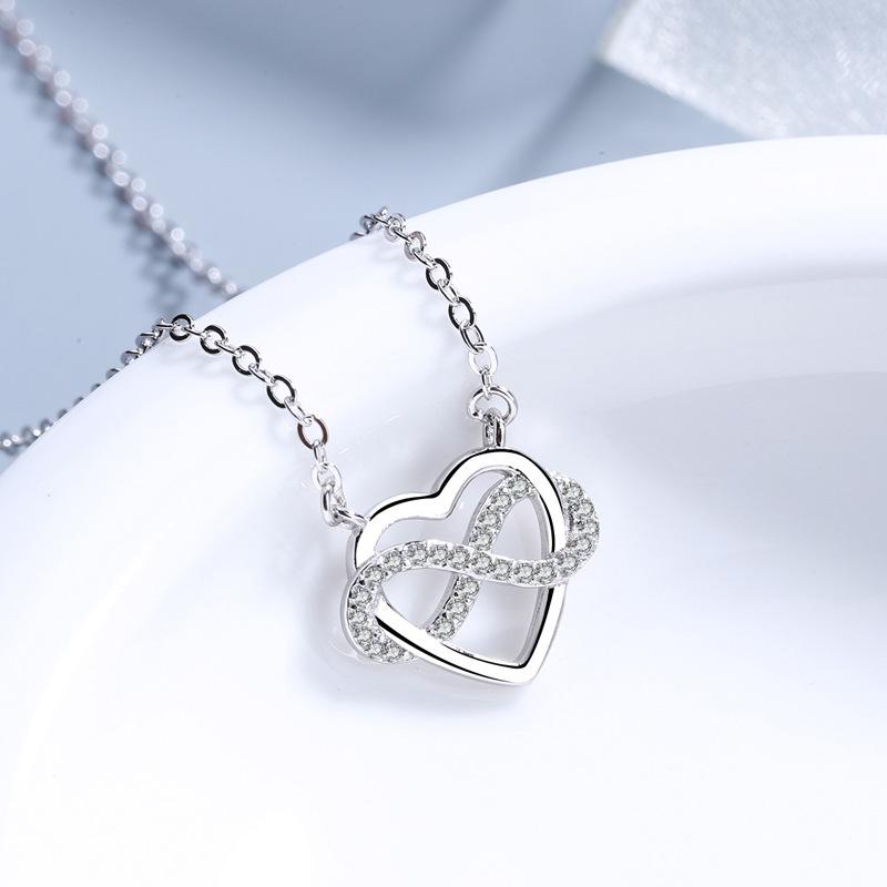 S925 Sterling Silver Korean Style Love Necklace Fashion Refined Rhinestone Heart-Shaped Collarbone Necklace