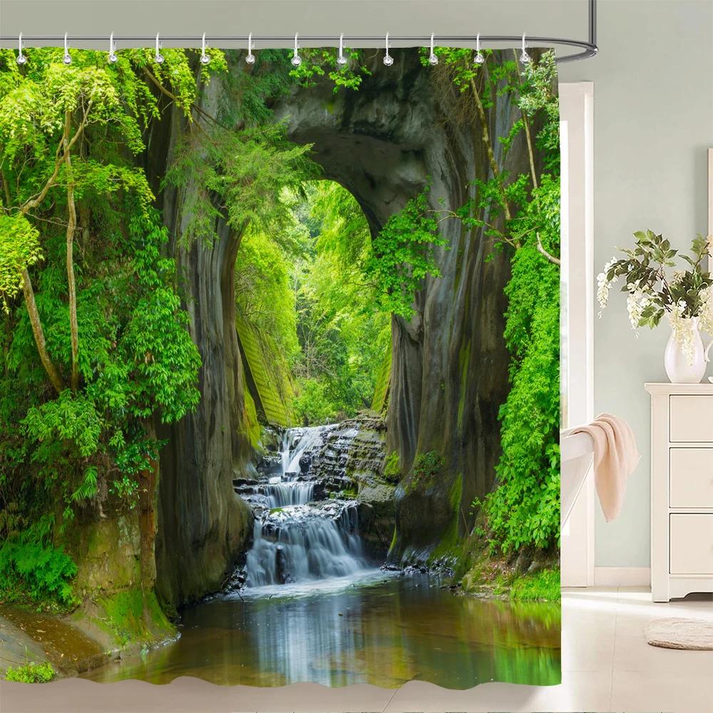 Modern 3D Printing Forest Shower Curtain Green Plant Tree Landscape Bath Curtain With Hooks For Bathroom Waterproof Scenery